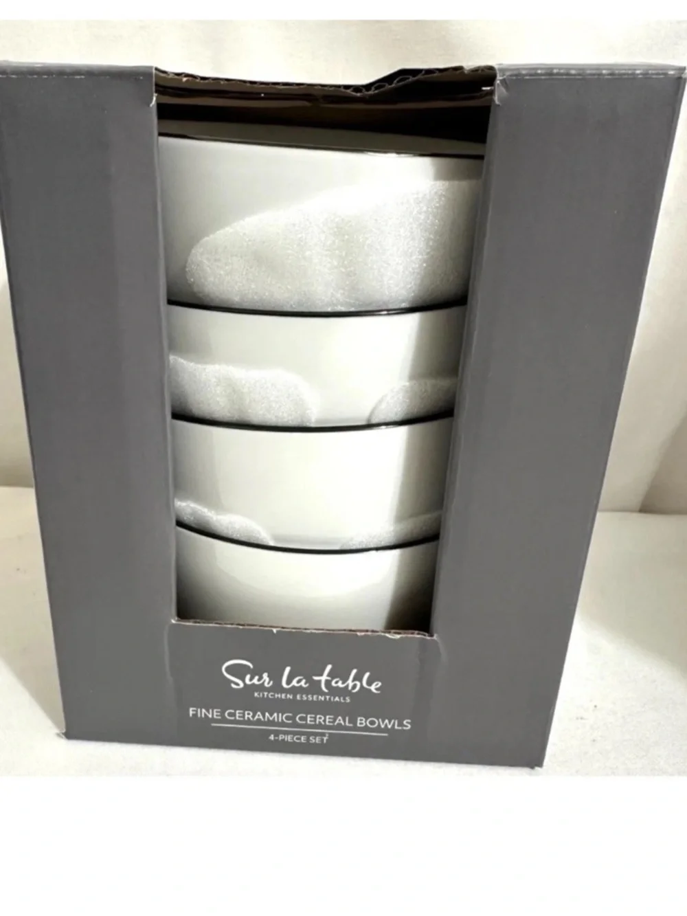 4 Sur La Table Fine Ceramic 5.75” Cereal Bowls White / Black Rim Set of 4 New